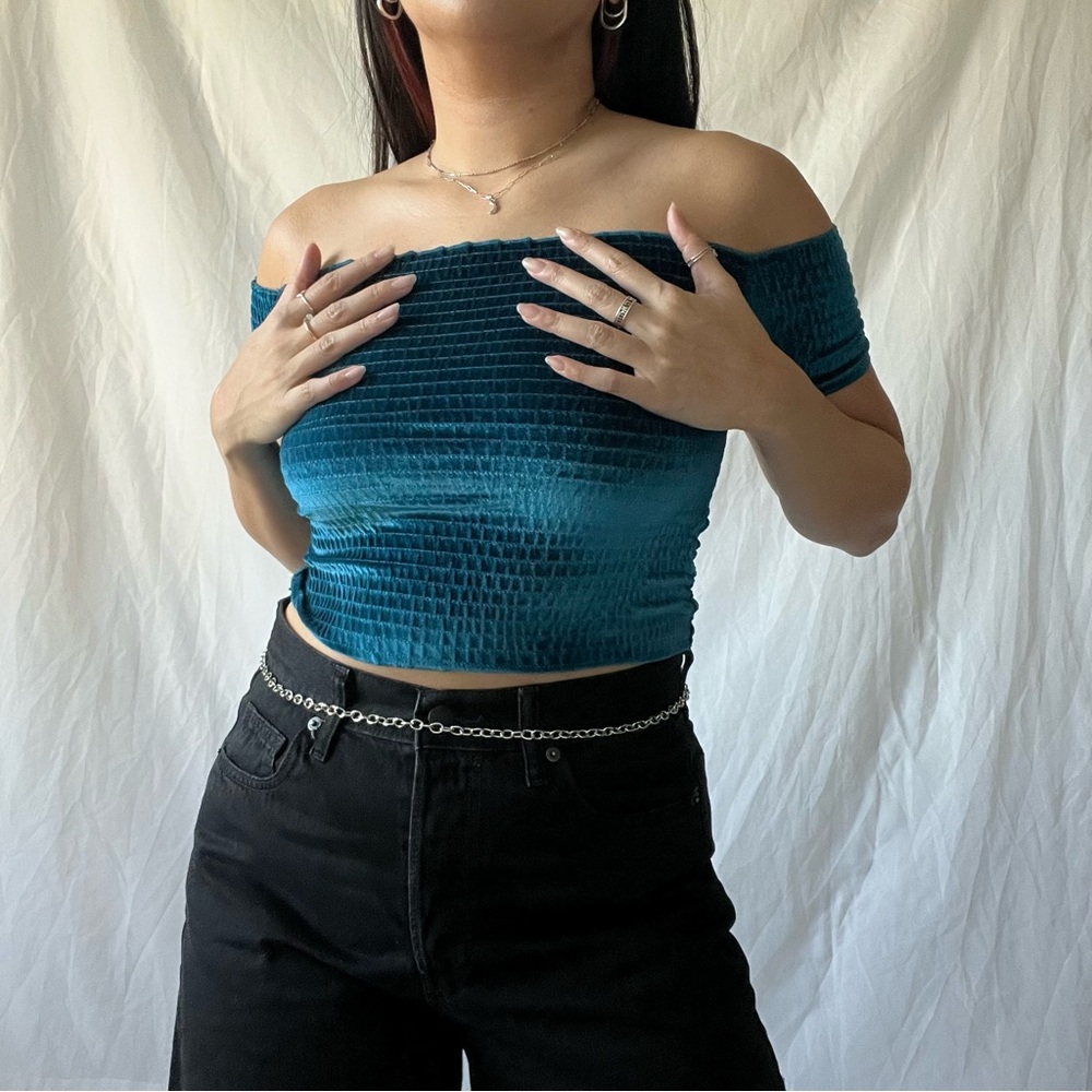 Teal velvet off-shoulder top